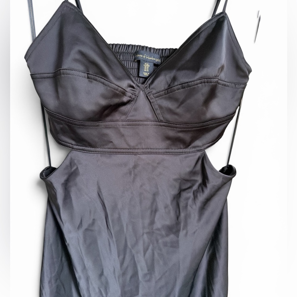 House of Harlow Black Satin Maxi V-Neck Slip Dress Back Cutout Party Going Out